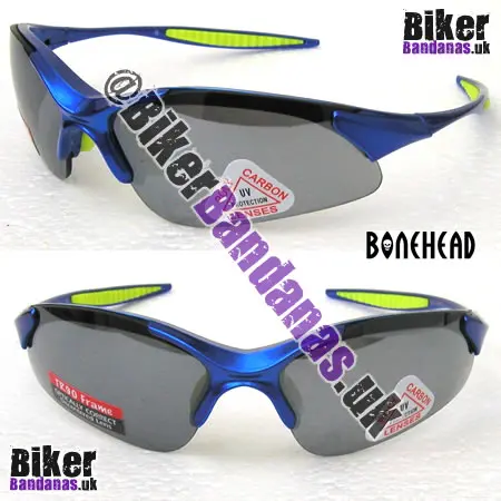 Front view of Bonehead Dolphin TR90 Sunglasses - Blue Frames / Smoke Flash Mirror Lenses