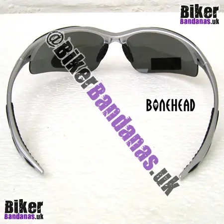 Folded view of Bonehead Dolphin TR90 Sunglasses - Silver Frames / Smoke Revo Flash Mirror Lenses