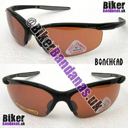 Front view of Bonehead Redback Sunglasses - Glossy Black Frames / Bronze Flash Mirror Lenses
