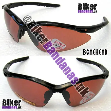 Front view of Bonehead Crocodile Sunglasses - Glossy Black Frames / Bronze Flash Mirror Lenses