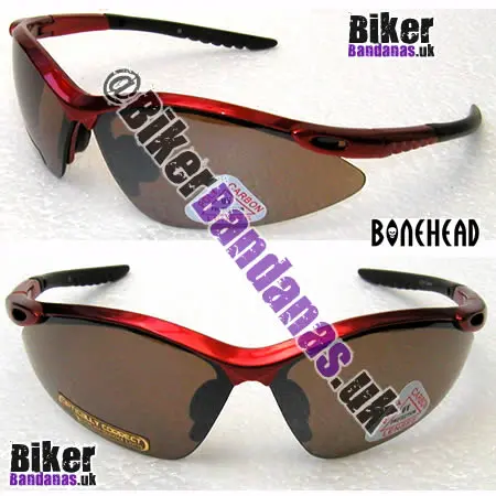 Front view of Bonehead Crocodile Sunglasses - Glossy Red Frames / Bronze Flash Mirror Lenses