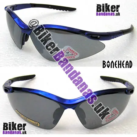 Front view of Bonehead Crocodile Sunglasses - Glossy Blue Frames / Smoke Flash Mirror Lenses