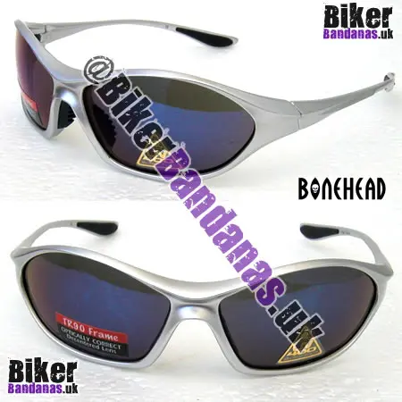 Front view of Bonehead Predator TR90 Sunglasses - Silver Full-Frame / Blue Revo Flash Mirror Lenses