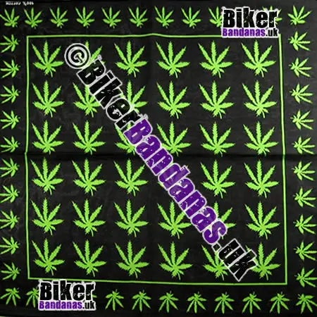 Lime Green Cannabis Marijuana Leaves on Square Black Cotton Bandana Neckerchief