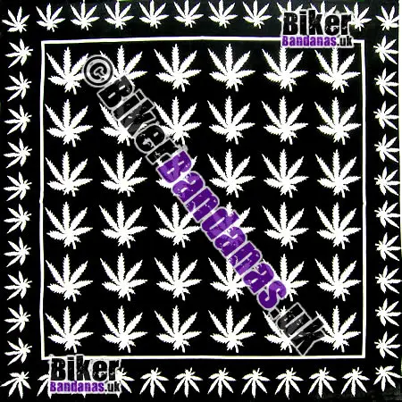 White Cannabis Marijuana Leaves on Square Black Cotton Bandana Neckerchief