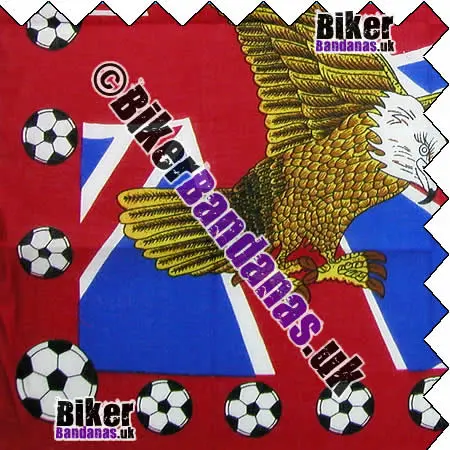 Closeup of Union Jack Flag, Stars n Stripes Flag, Eagle and Footballs on Red Square Cotton Bandana Neckerchief