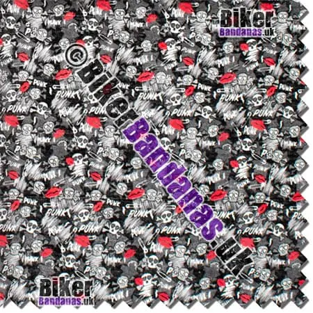 Closeup of Grey Punk Skulls and Red Lips Cotton Bandana Neckerchief