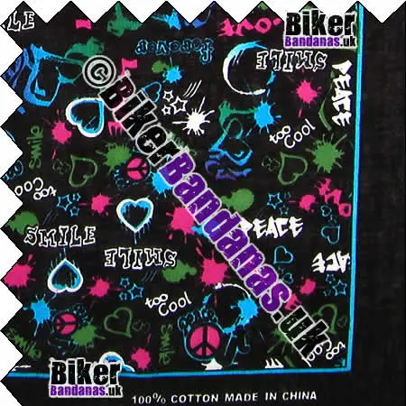 Closeup of Peace Love Smile Hearts CND on Black Cotton Bandana Neckerchief