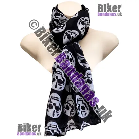 Large White Skull Faces on Black Lightweight Woven Linen Mix Long Scarf