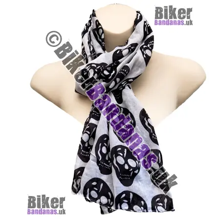 Large Black Skull Faces on White Lightweight Woven Linen Mix Long Scarf