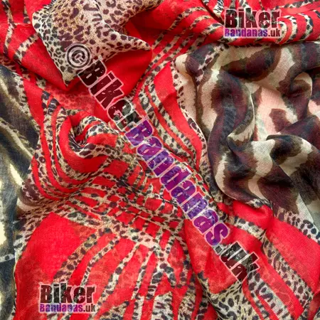 Fabric view of Red Leopard and Zebra Print Lightweight Woven Long Scarf
