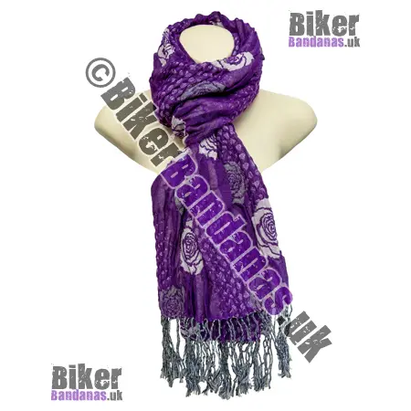 Purple Floral Rose Medium Weight Woven Long Scarf