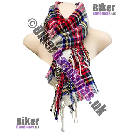 Traditional Cream Tartan Plaid Winter Weight Woven Long Scarf with Side Fringes