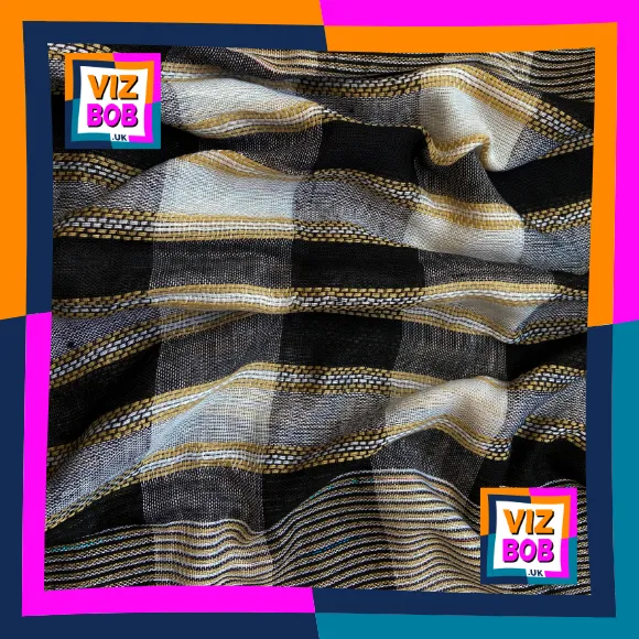 Fabric view of Black and Beige Stripe and Check Medium Weight Woven Long Scarf