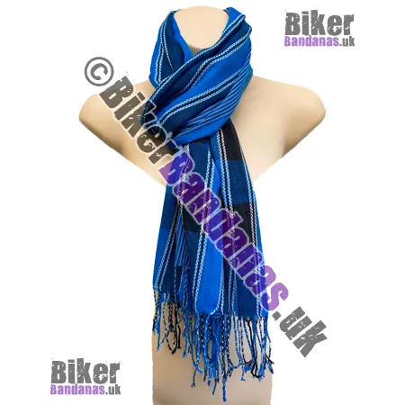 Peacock Blue Stripe and Check Woven Long Scarf
