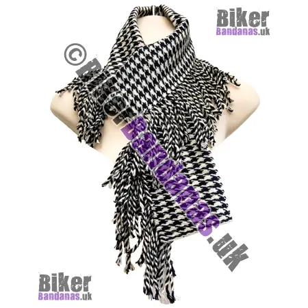 Black & White Dogtooth Check Winter Weight Woven Long Scarf with Side Fringes