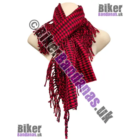 Red & Black Dogtooth Check Winter Weight Woven Long Scarf with Side Fringes