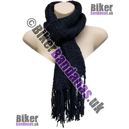 Plain Black Knobbly Texture Medium Weight Loose Weave Long Scarf