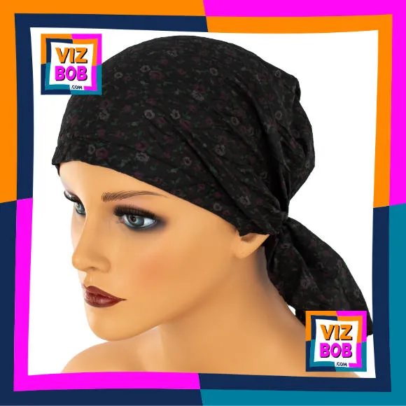 Side view of Ladies Black Dark Floral Flowers Elasticated Headscarf / Zandana / Head Wrap