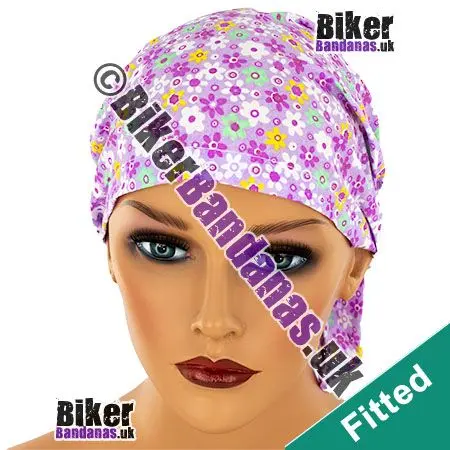 Ladies Lilac Floral Flowers Fitted Elasticated Headscarf / Zandana / Fitted Bandana / Head Wrap