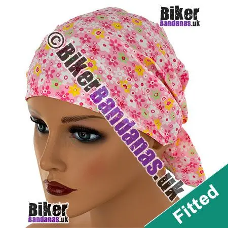 Ladies Pink Floral Flowers Elasticated Headscarf / Zandana / Head Wrap