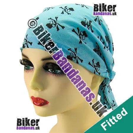 Ladies Turquoise Skull and Crossbones Fitted Elasticated Headscarf / Zandana / Fitted Bandana / Head Wrap