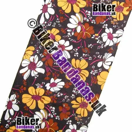 Fabric view of Daisy Floral Flowers on Brown Neck Tube Bandana / Multifunctional Headwear / Neck Warmer
