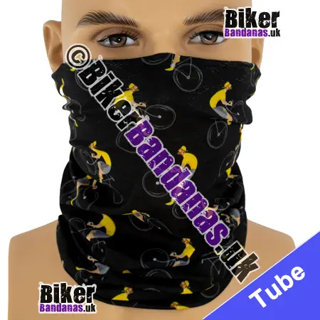 Cyclist wearing Yellow Top Cycling on Black Neck Tube Bandana / Multifunctional Headwear
