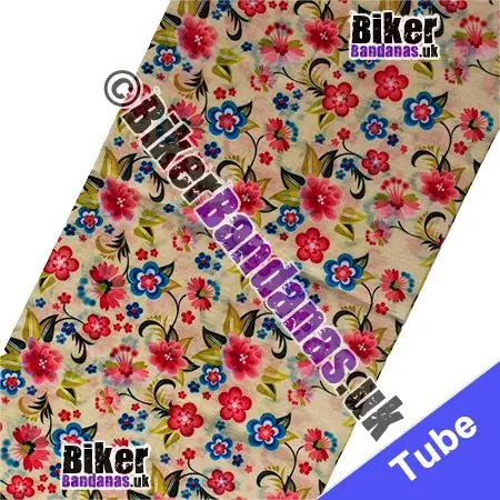 Fabric view of BUDGET Floral Flowers on Cream Neck Tube Neck Tube Bandana / Multifunctional Headwear / Neck Warmer