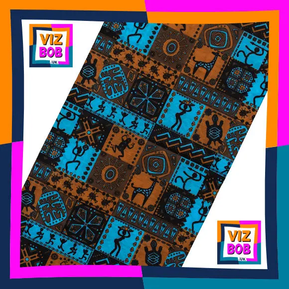 Fabric view of Blue and Brown Aztec Montage Neck Tube Bandana / Multifunctional Headwear