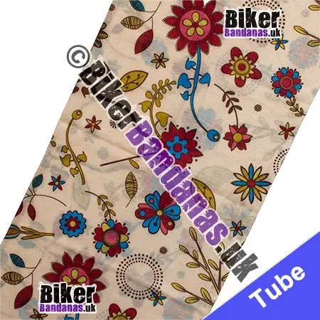 Fabric view of BUDGET Flower Drawings on Cream Neck Tube Bandana / Multifunctional Headwear