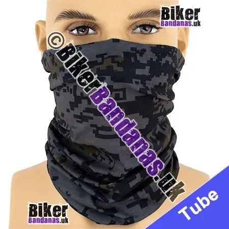 Black Grey and Khaki Pixelated Camouflage Neck Tube Bandana / Multifunctional Headwear / Neck Warmer