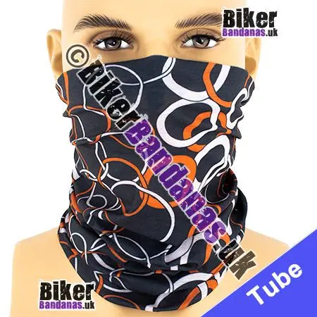 Black with Orange and White Linking Loops Neck Tube Bandana / Multifunctional Headwear / Neck Warmer