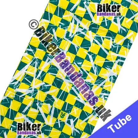 Fabric view of Green and Yellow Shattered Checked Squares Neck Tube / Multifunctional Headwear / Neck Warmer