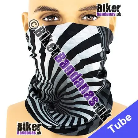 Fabric view of Black Grey White Vortex Spiral Neck Tube Bandana / Multifunctional Headwear / Neck Warmer