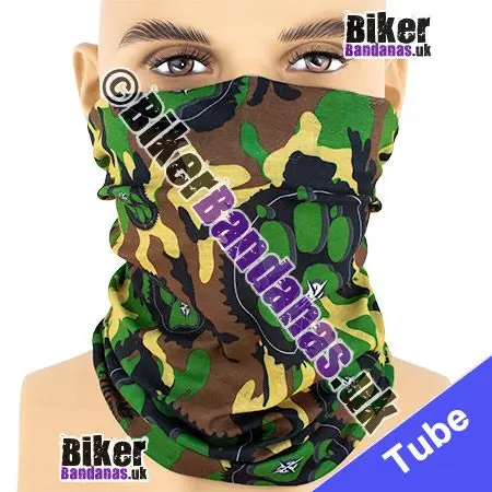 Green Paw Print on Woodland Forest Camouflage Neck Tube Bandana / Multifunctional Headwear / Neck Warmer