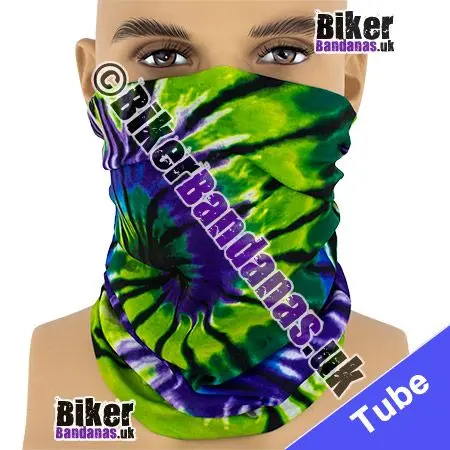 Bright Green and Purple Spiral Tie-Dye Neck Tube Bandana / Multifunctional Headwear / Neck Warmer