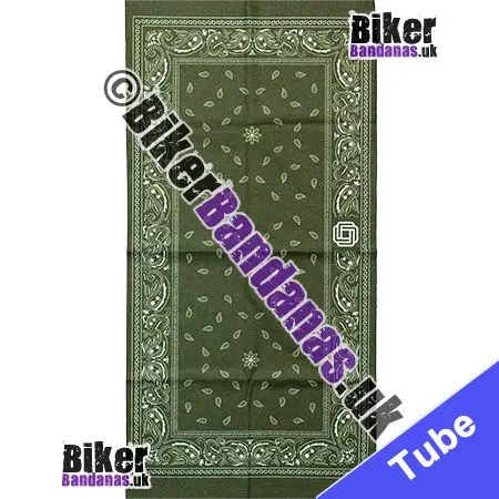 Fabric view of Army Green with White Paisley Border Panel Neck Tube Neck Tube Bandana / Multifunctional Headwear / Neck Warmer