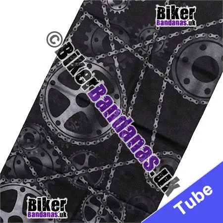 Fabric view of Black with Grey Bike Chains Gears Cogs Neck Tube Bandana / Multifunctional Headwear / Neck Warmer