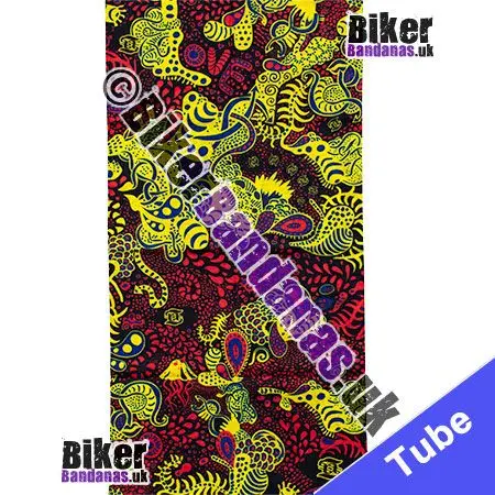 Fabric view of Red and Yellow Sea Life on Black Neck Tube Bandana / Multifunctional Headwear / Neck Warmer