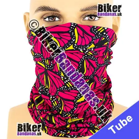 Pink and Yellow Butterflies on Black Neck Tube Bandana / Multifunctional Headwear / Neck Warmer