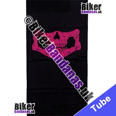 Fabric view of BUDGET Lifesize Pink Skull Jaw Face on Black Neck Tube Bandana / Multifunctional Headwear / Neck Warmer
