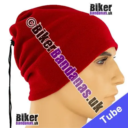Side view of Plain Red Fleece 3-in-1 Neck Tube Bandana / Beanie Hat being worn as a Beanie Hat