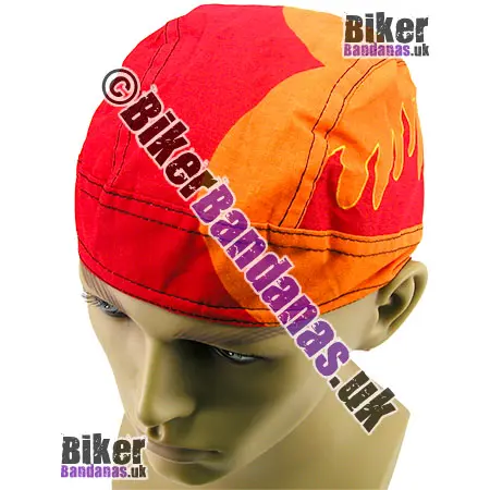 Front view of Red and Orange Side Flames Cotton Zandana / Fitted Bandana / Head Wrap / Do-Rag