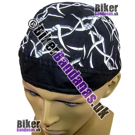 Front view of Barbed Wire on Black Cotton Zandana / Fitted Bandana / Head Wrap / Do-Rag