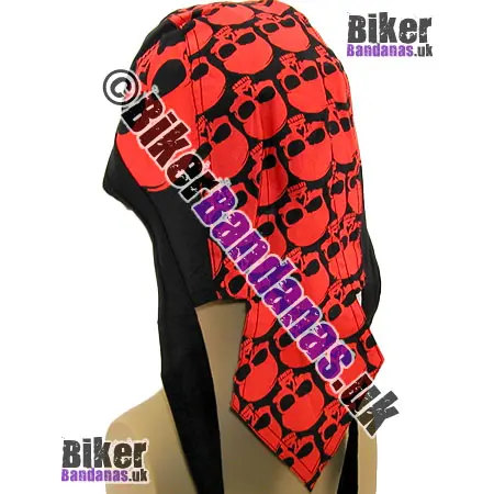 Front view of Red Skulls on Black Cotton Zandana / Fitted Bandana / Head Wrap / Do-Rag