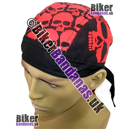 Front view of Red Skulls on Black Cotton Zandana / Fitted Bandana / Head Wrap / Do-Rag