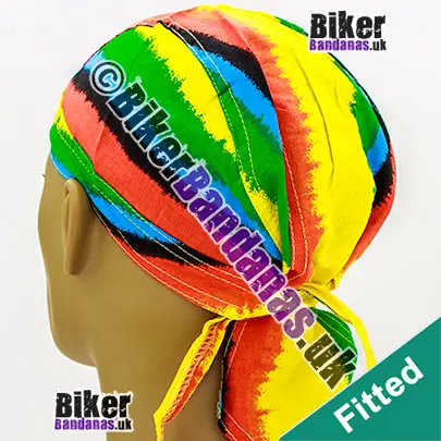 Front view of Runny Rainbow Stripe Cotton Zandana / Fitted Bandana / Head Wrap /Do-Rag