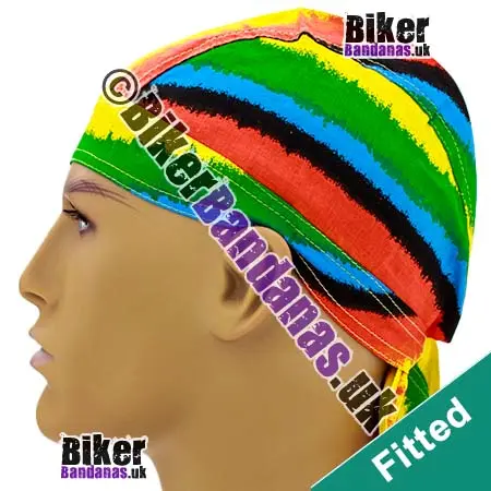 Side view of Runny Rainbow Stripe Cotton Zandana / Fitted Bandana / Head Wrap /Do-Rag