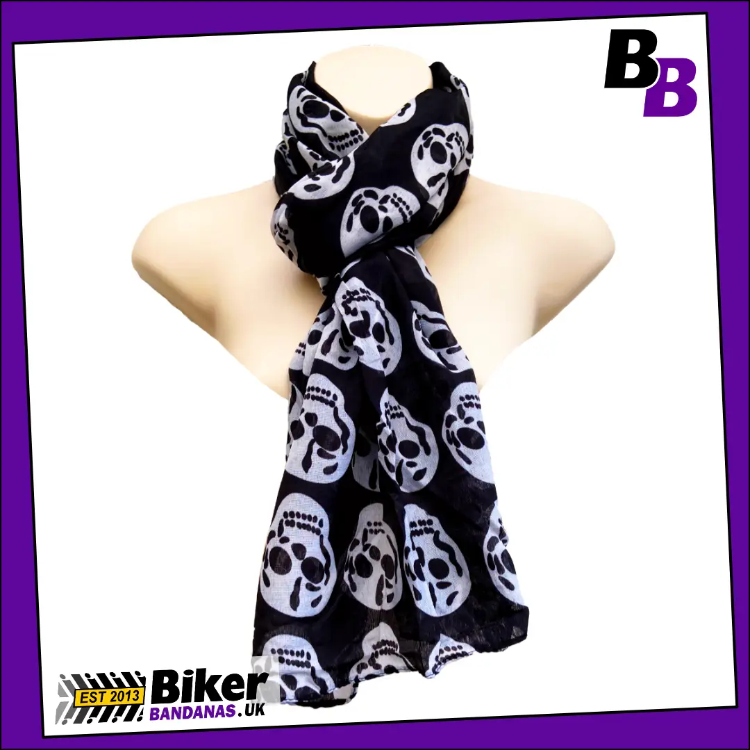 Large White Skull Faces on Black Lightweight Woven Linen Mix Long Scarf